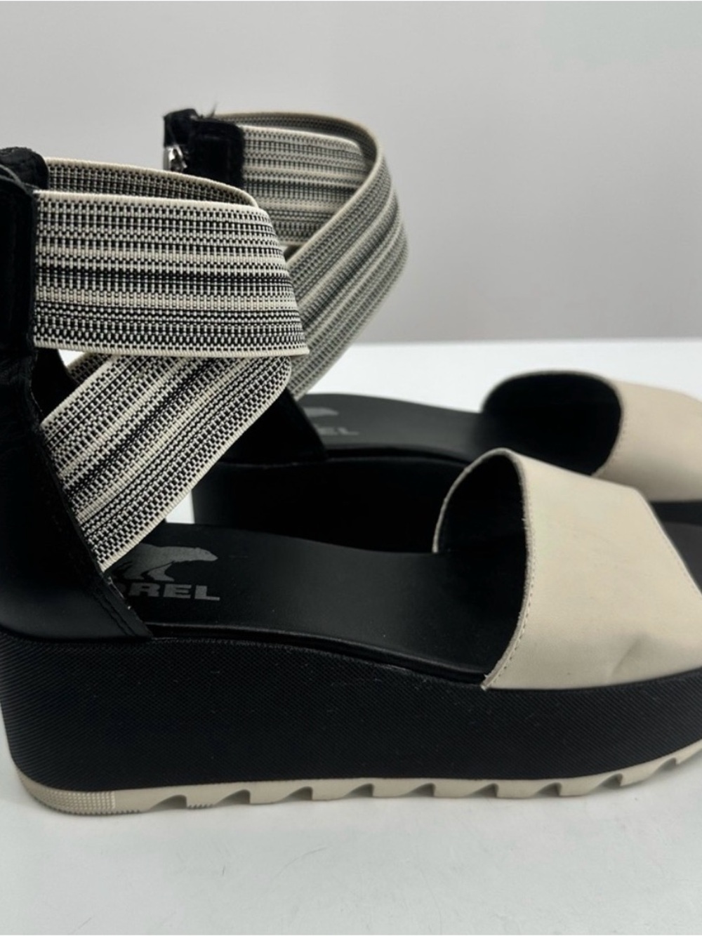 Sorel Wedge Sandal Cameron Chunky Platform Womens 7 Black Gore White Stripe